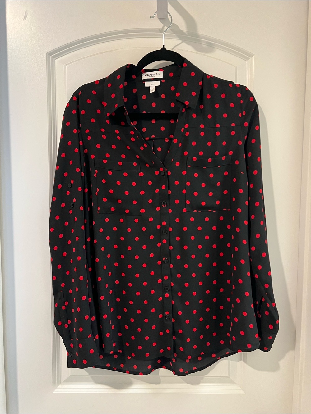 Express Black Button-Down Shirt with Red Polka Dots